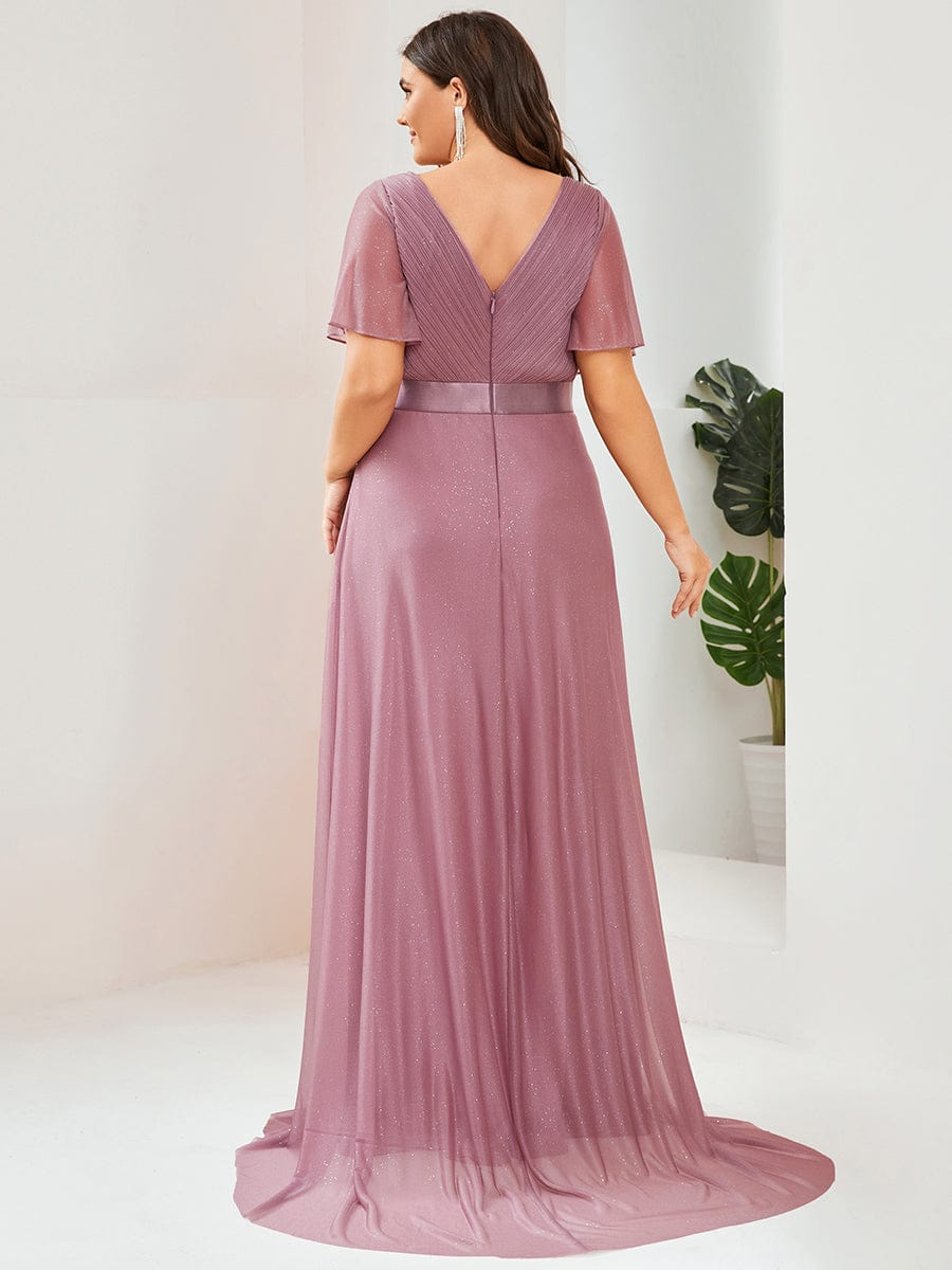 Sparkling Short Sleeve V-Neck Ribbon Waist Plus Size Formal Evening Dress #color_Purple Orchid