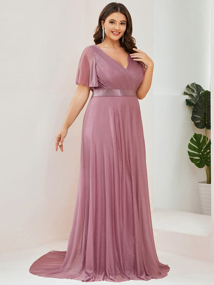 Custom Size V Neck Ribbon Waist Formal Evening Dress With Sleeves #color_Purple Orchid