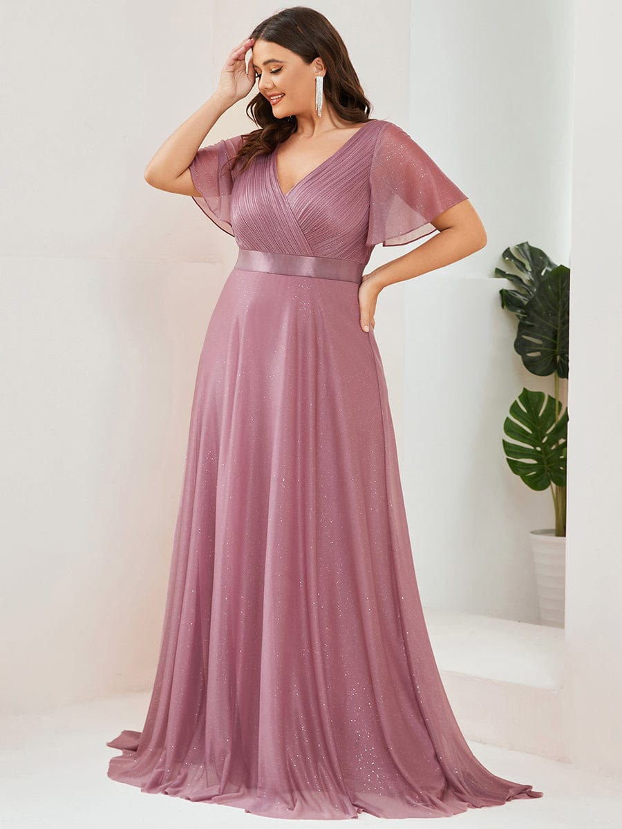 Custom Size V Neck Ribbon Waist Formal Evening Dress With Sleeves #color_Purple Orchid