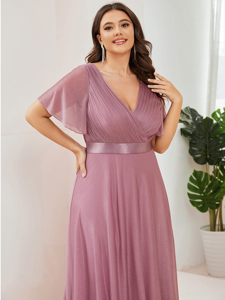 Custom Size V Neck Ribbon Waist Formal Evening Dress With Sleeves #color_Purple Orchid