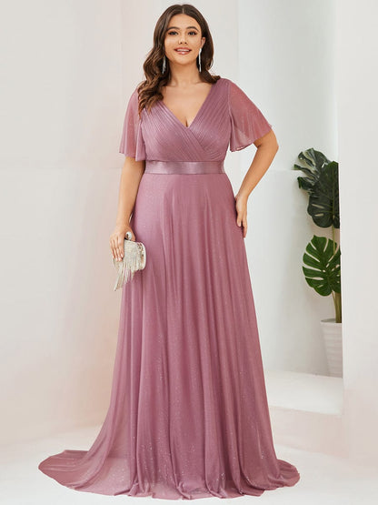 Custom Size V Neck Ribbon Waist Formal Evening Dress With Sleeves #color_Purple Orchid