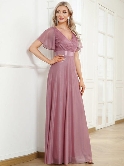 Sparkling Short Sleeve V-Neck Ribbon Waist A-Line Evening Dress #color_Purple Orchid