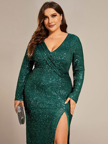 Plus Size Dazzling Sequin V-Neck Long Sleeves Bodycon High Slit Evening Dress  #color_Dark Green