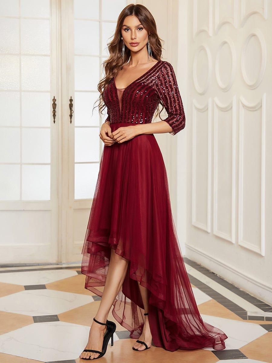 3/4 Sleeve Sheer Sequin Stripe High Low Hem Evening Dress #color_Burgundy