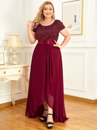 Chiffon Sequin Capped Sleeve Empire Waist Evening Dress #color_Burgundy 