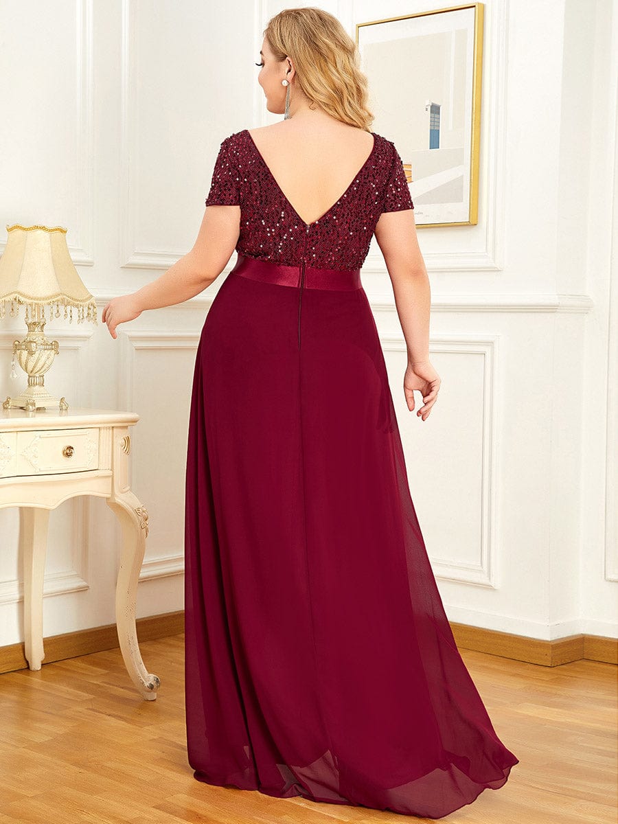 Chiffon Sequin Capped Sleeve Empire Waist Evening Dress #color_Burgundy 