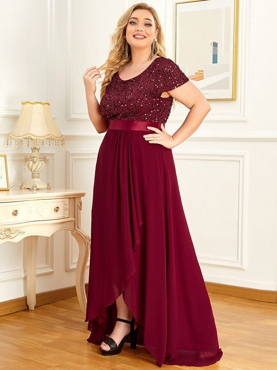 Chiffon Sequin Capped Sleeve Empire Waist Evening Dress #color_Burgundy 