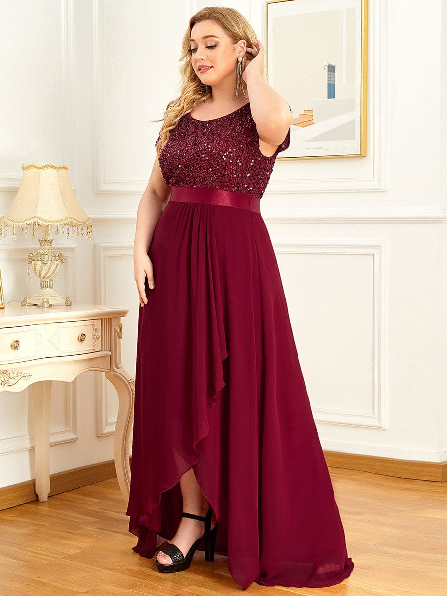 Chiffon Sequin Capped Sleeve Empire Waist Evening Dress #color_Burgundy 