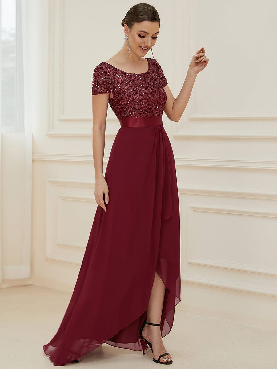 Chiffon Sequin Capped Sleeve Empire Waist Evening Dress #color_Burgundy 