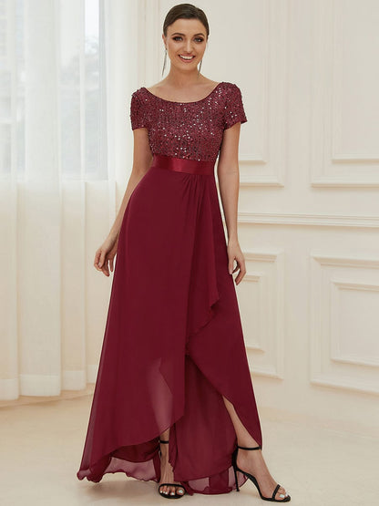 Chiffon Sequin Capped Sleeve Empire Waist Evening Dress #color_Burgundy 