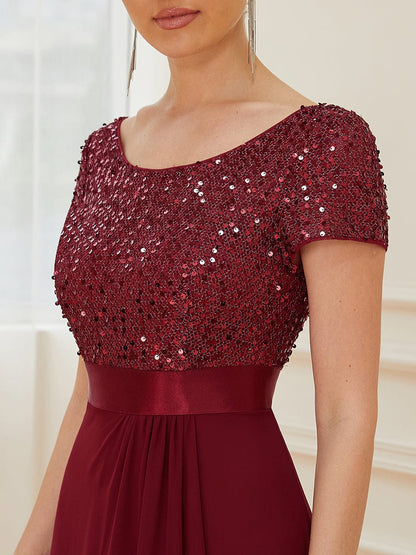 Chiffon Sequin Capped Sleeve Empire Waist Evening Dress #color_Burgundy 