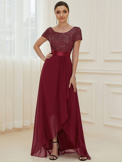 Chiffon Sequin Capped Sleeve Empire Waist Evening Dress #color_Burgundy 