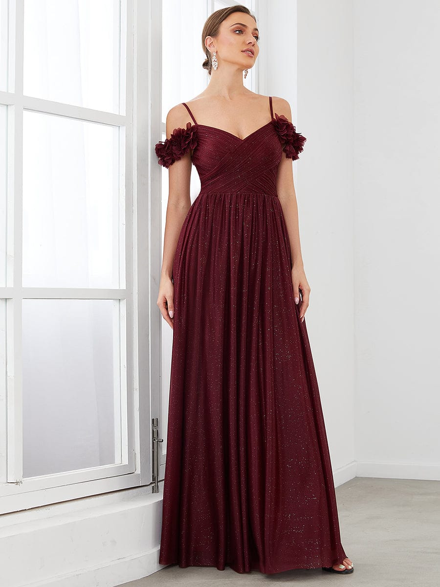 Sparkling Off-Shoulder Floral V-Neck Evening Dress #color_Burgundy 