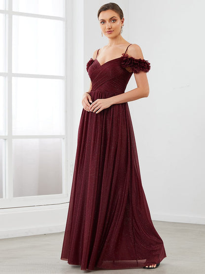 Sparkling Off-Shoulder Floral V-Neck Evening Dress #color_Burgundy 