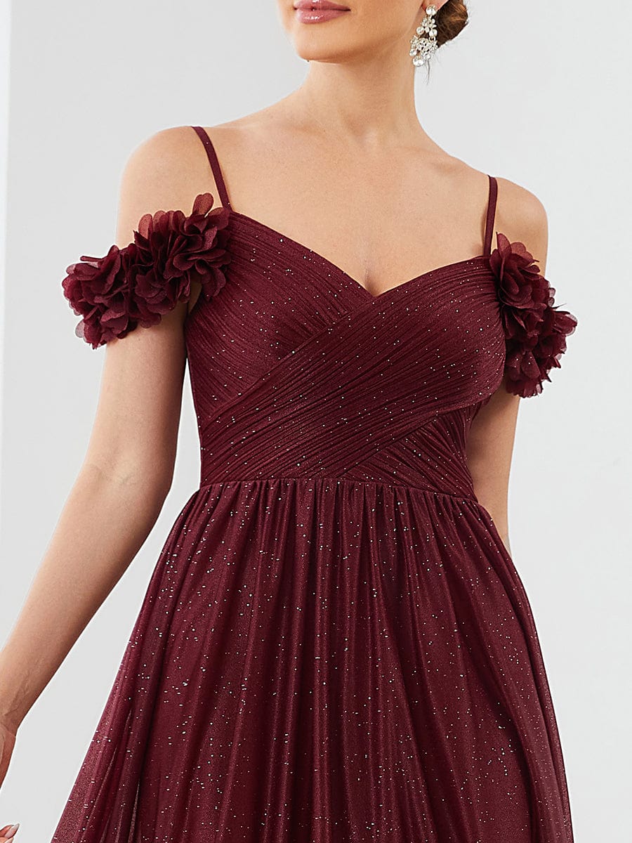 Sparkling Off-Shoulder Floral V-Neck Evening Dress #color_Burgundy 