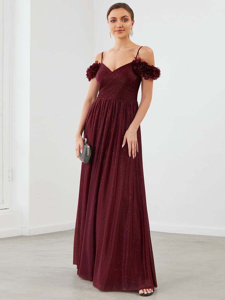 Sparkling Off-Shoulder Floral V-Neck Evening Dress #color_Burgundy 