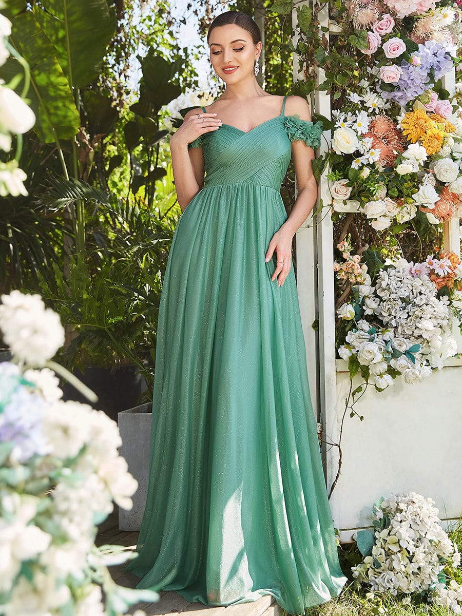 Sparkling Off-Shoulder Floral V-Neck Evening Dress #color_Green Bean 