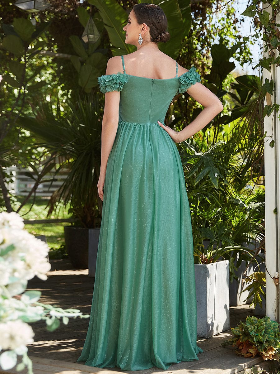 Sparkling Off-Shoulder Floral V-Neck Evening Dress #color_Green Bean 