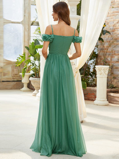 Sparkling Off-Shoulder Floral V-Neck Evening Dress #color_Green Bean 