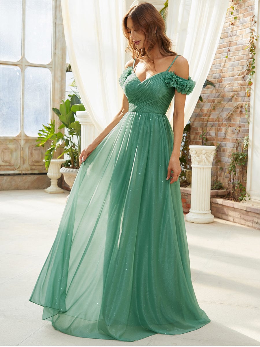 Sparkling Off-Shoulder Floral V-Neck Evening Dress #color_Green Bean 