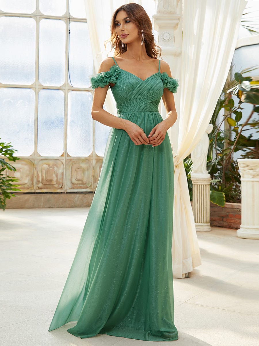 Sparkling Off-Shoulder Floral V-Neck Evening Dress #color_Green Bean 