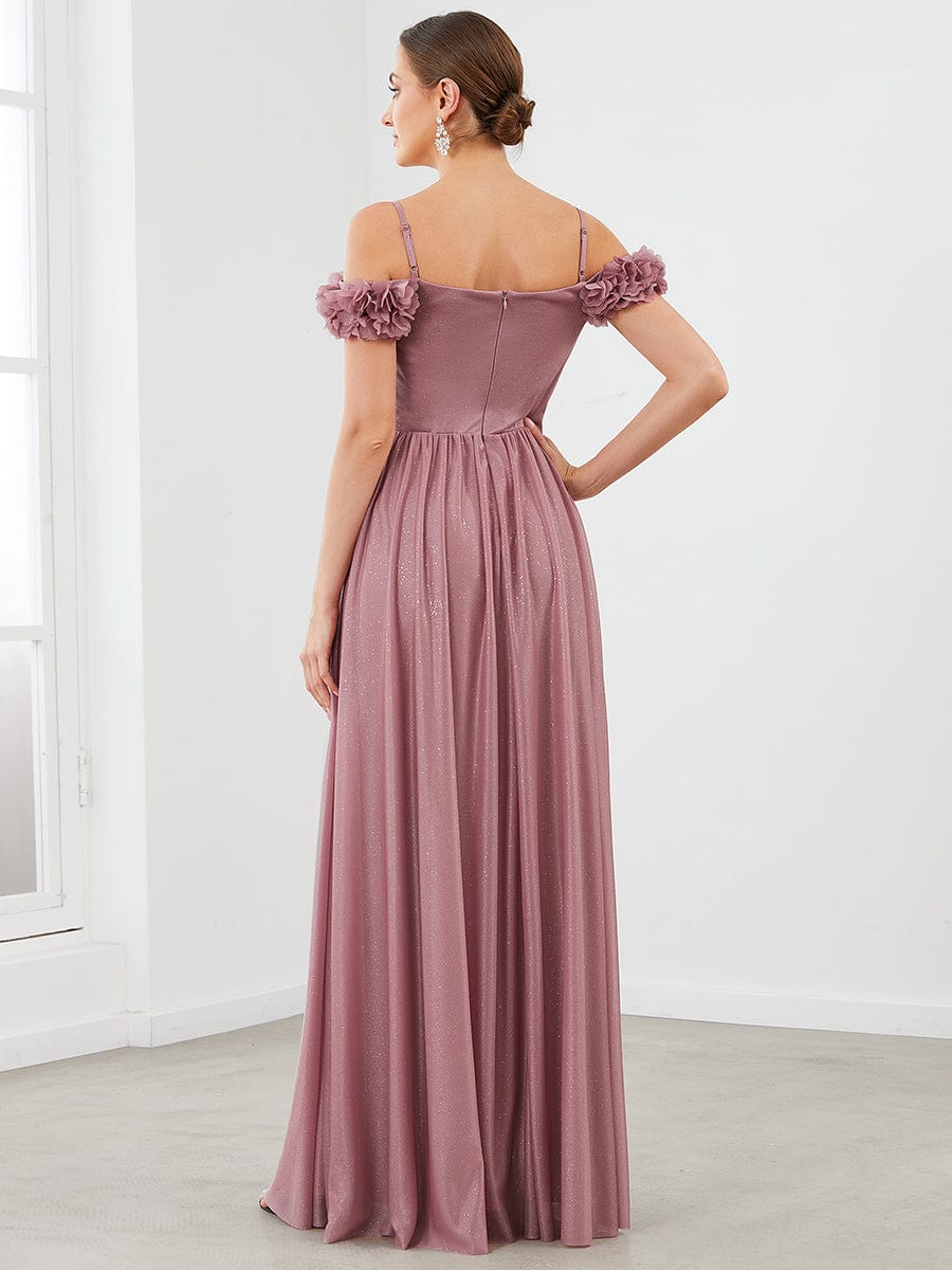 Sparkling Off-Shoulder Floral V-Neck Evening Dress #color_Purple Orchid 