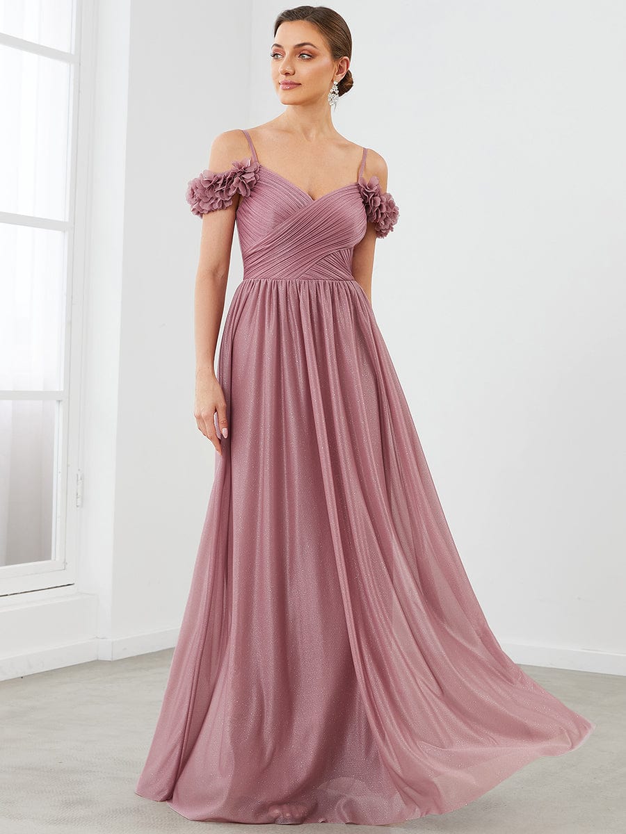 Sparkling Off-Shoulder Floral V-Neck Evening Dress #color_Purple Orchid 