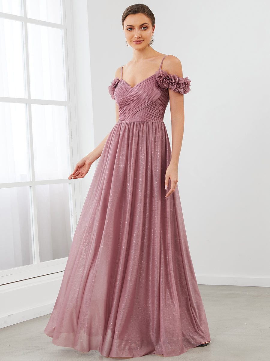 Sparkling Off-Shoulder Floral V-Neck Evening Dress #color_Purple Orchid 