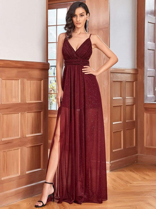 Spaghetti Strap 2 in 1 Sheer Evening Dress #color_Burgundy 