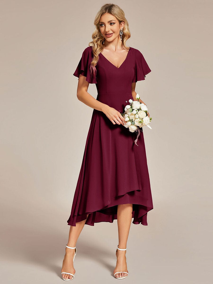 Flowing Chiffon V-Neck Ruffle Sleeves Bridesmaid Dress  #color_Burgundy