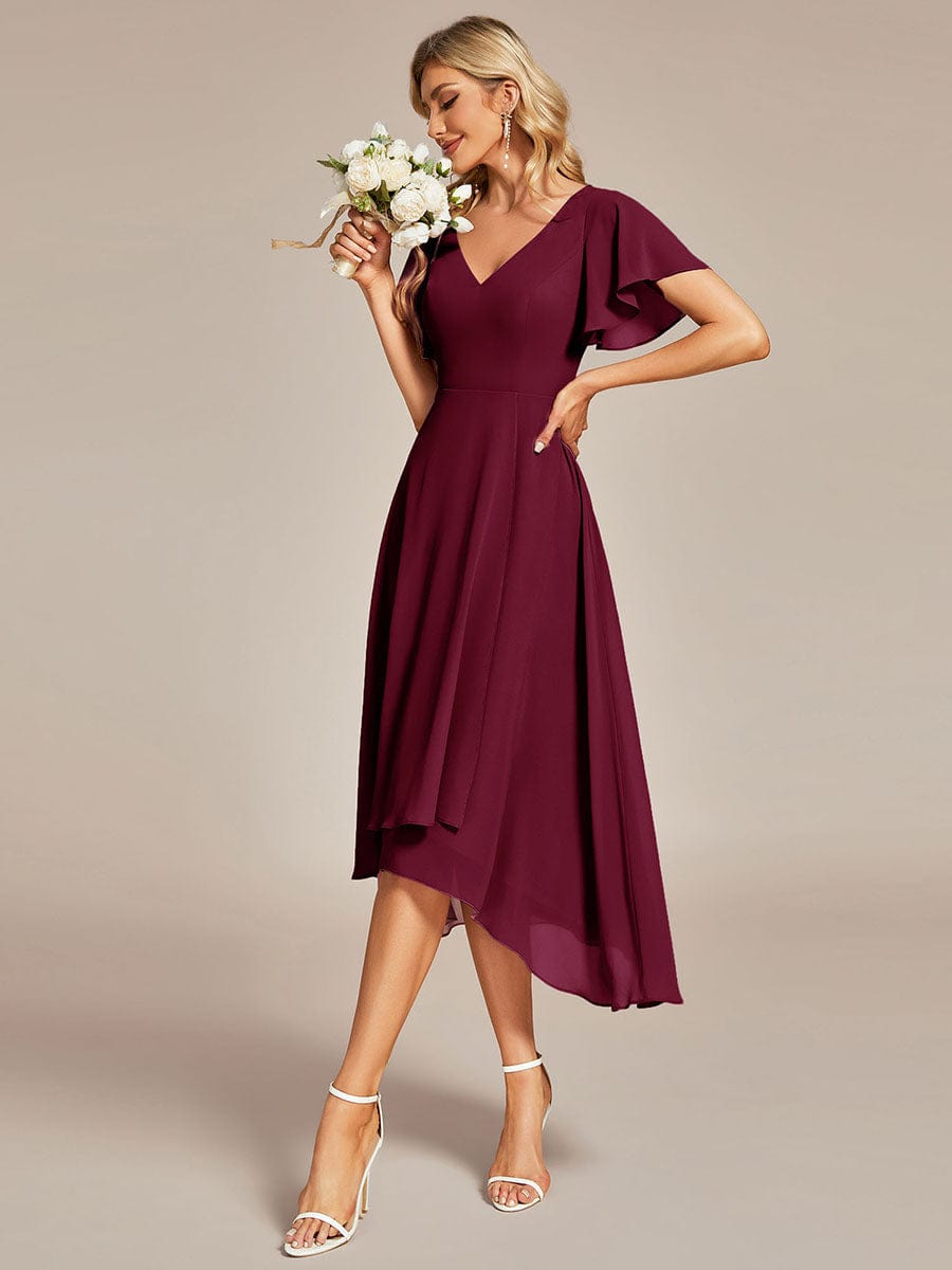 Flowing Chiffon V-Neck Ruffle Sleeves Bridesmaid Dress  #color_Burgundy