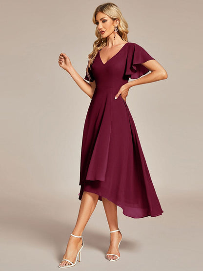 Flowing Chiffon V-Neck Ruffle Sleeves Bridesmaid Dress  #color_Burgundy