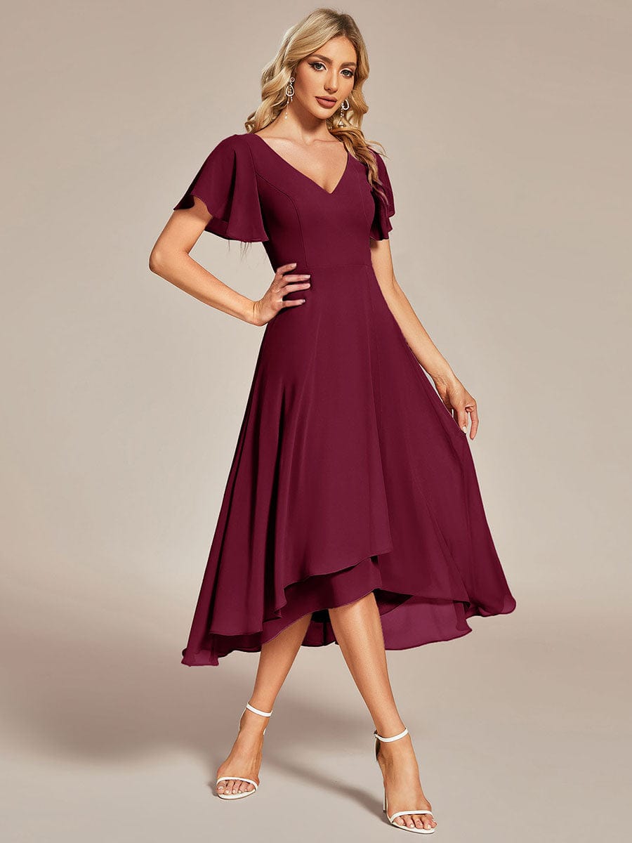 Flowing Chiffon V-Neck Ruffle Sleeves Bridesmaid Dress  #color_Burgundy