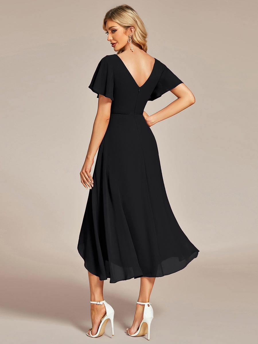 Flowing Chiffon V-Neck Ruffle Sleeves Bridesmaid Dress  #color_Black