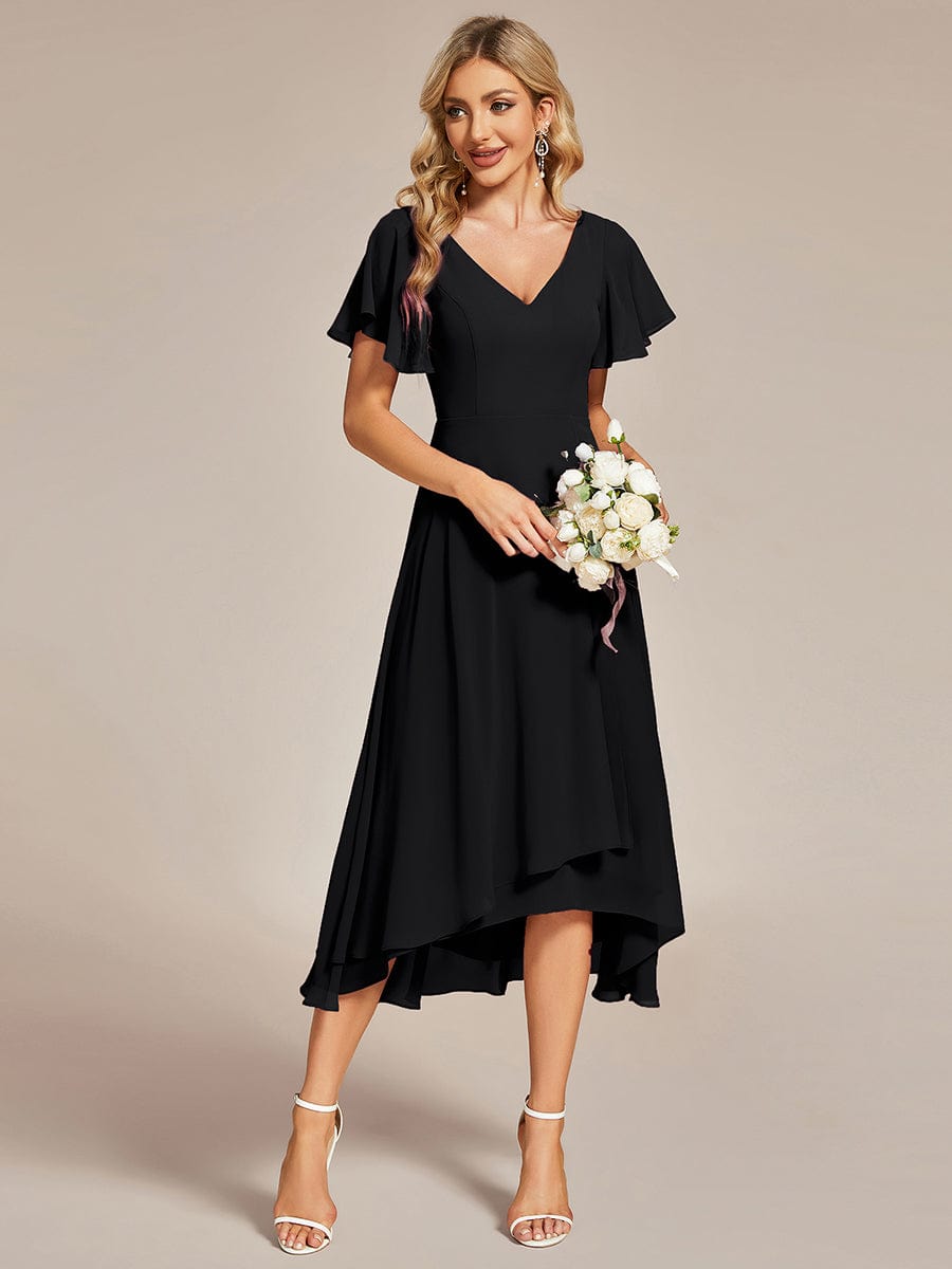 Flowing Chiffon V-Neck Ruffle Sleeves Bridesmaid Dress  #color_Black