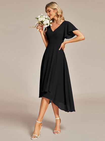 Flowing Chiffon V-Neck Ruffle Sleeves Bridesmaid Dress  #color_Black