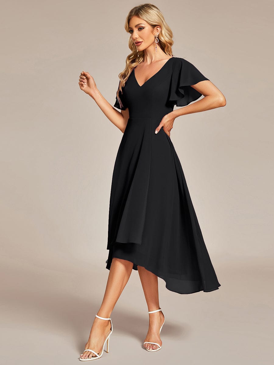 Flowing Chiffon V-Neck Ruffle Sleeves Bridesmaid Dress  #color_Black