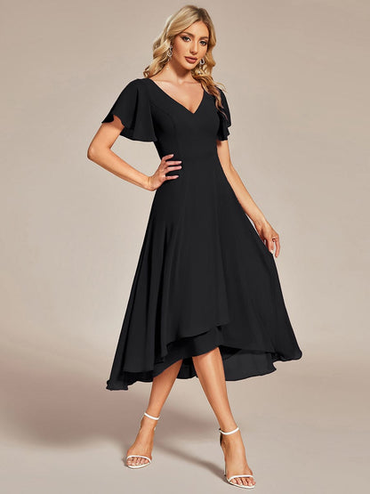 Flowing Chiffon V-Neck Ruffle Sleeves Bridesmaid Dress  #color_Black