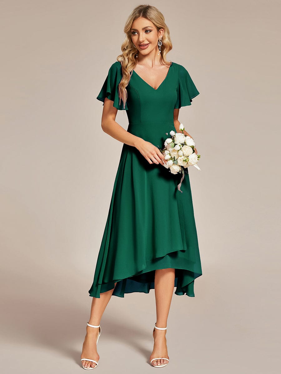 Flowing Chiffon V-Neck Ruffle Sleeves Bridesmaid Dress  #color_Dark Green