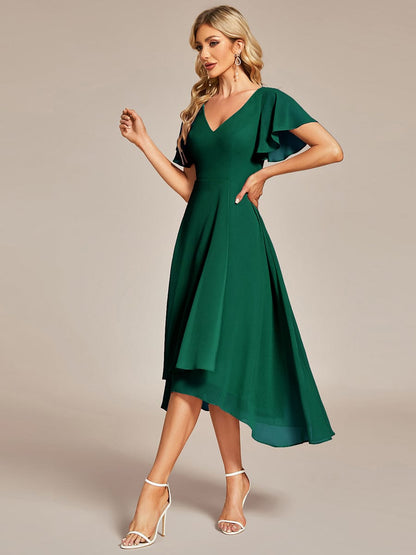 Flowing Chiffon V-Neck Ruffle Sleeves Bridesmaid Dress  #color_Dark Green