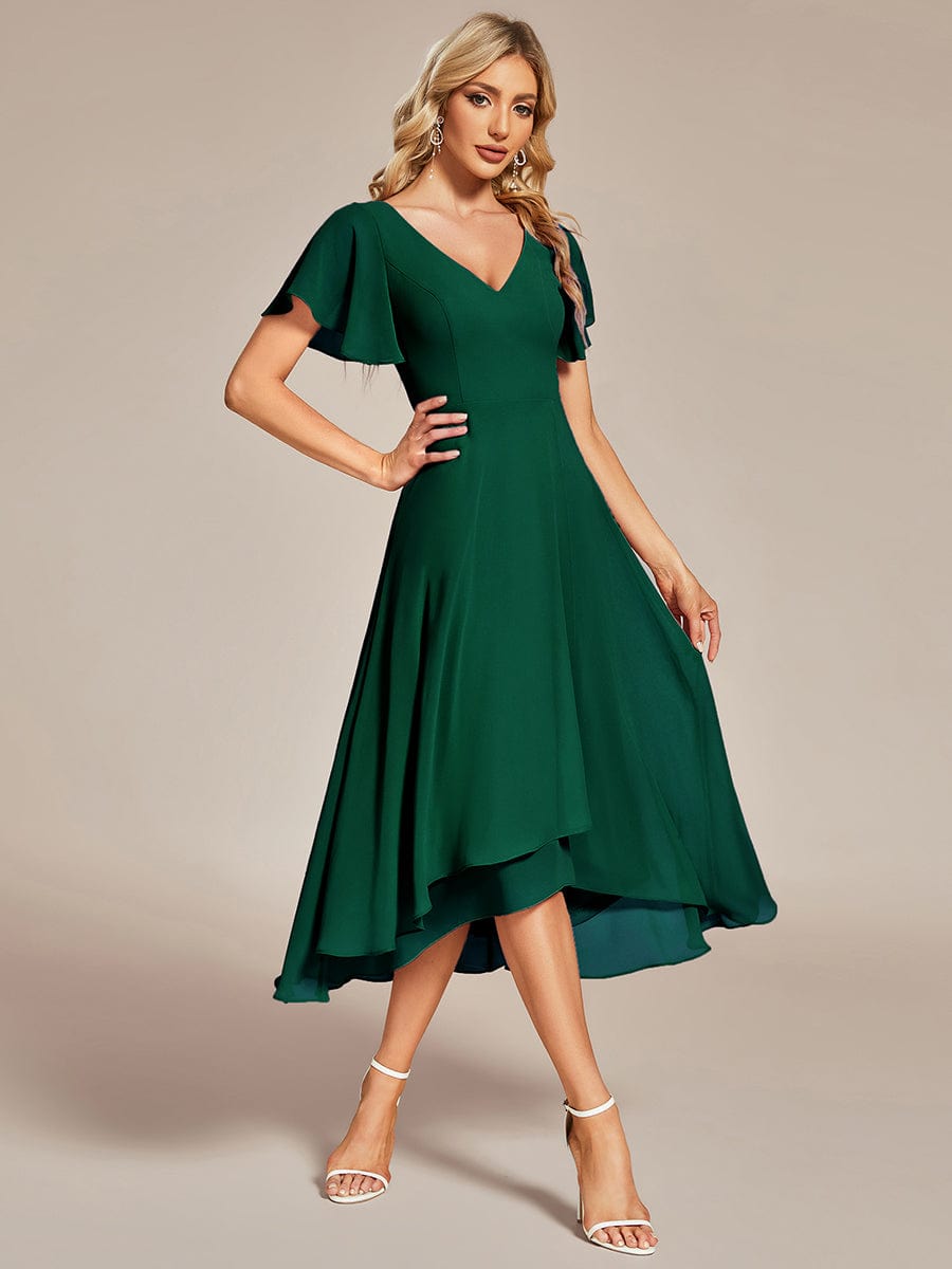 Flowing Chiffon V-Neck Ruffle Sleeves Bridesmaid Dress  #color_Dark Green