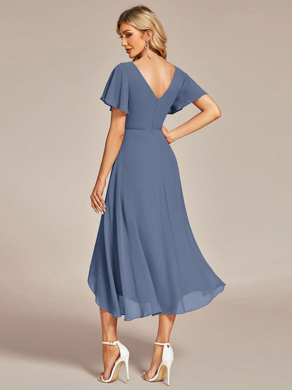 Flowing Chiffon V-Neck Ruffle Sleeves Bridesmaid Dress  #color_Dusty Navy