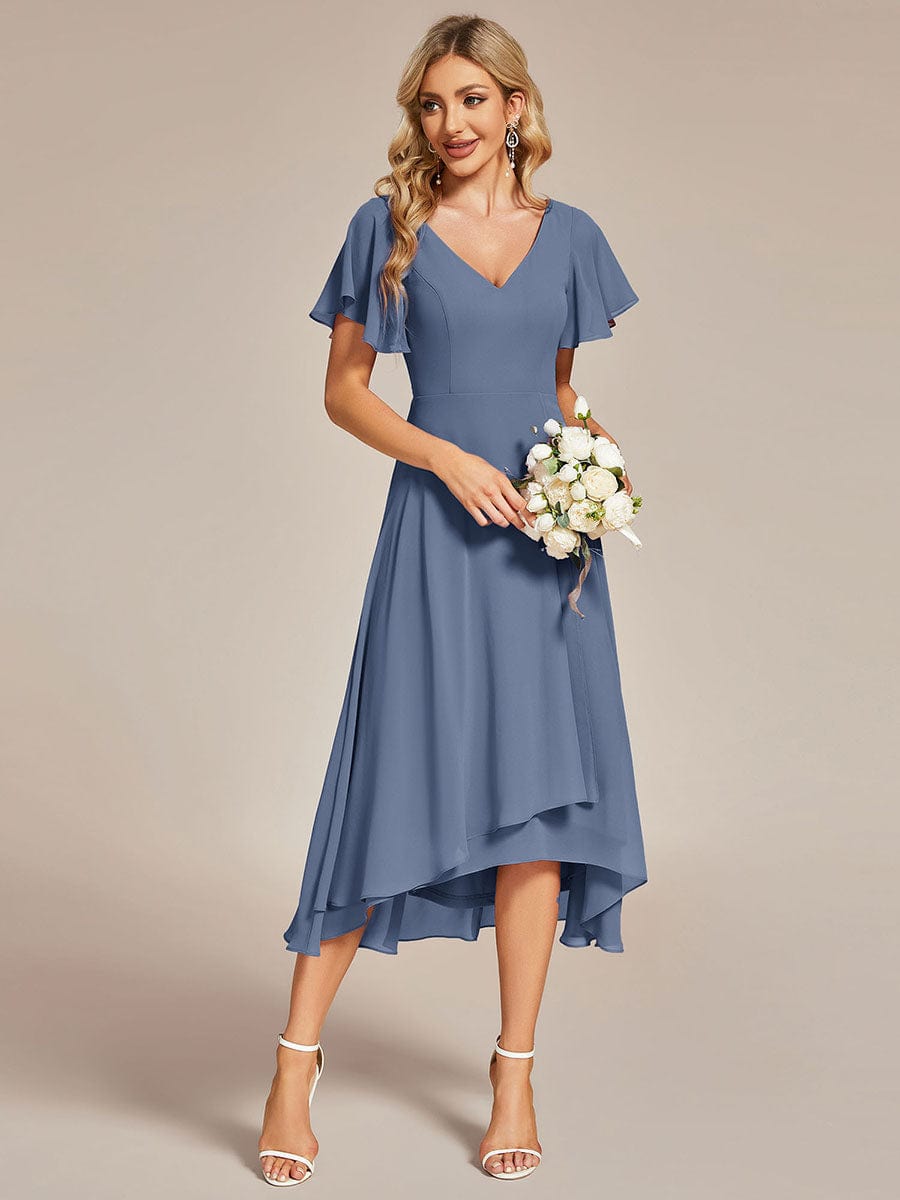 Flowing Chiffon V-Neck Ruffle Sleeves Bridesmaid Dress  #color_Dusty Navy