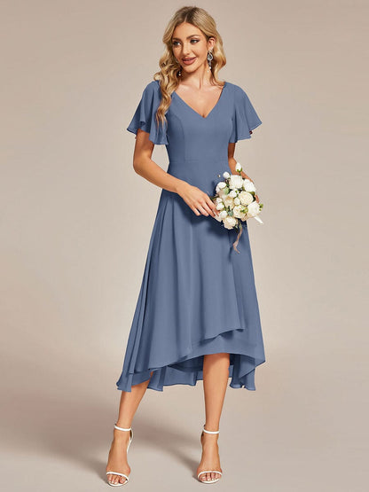 Flowing Chiffon V-Neck Ruffle Sleeves Bridesmaid Dress  #color_Dusty Navy