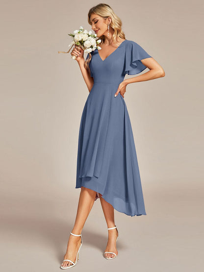 Flowing Chiffon V-Neck Ruffle Sleeves Bridesmaid Dress  #color_Dusty Navy