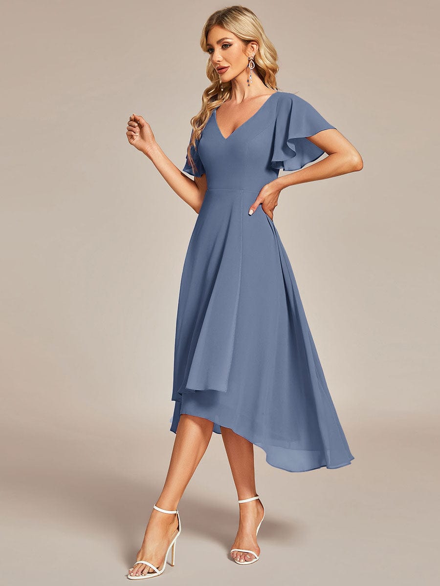 Flowing Chiffon V-Neck Ruffle Sleeves Bridesmaid Dress  #color_Dusty Navy