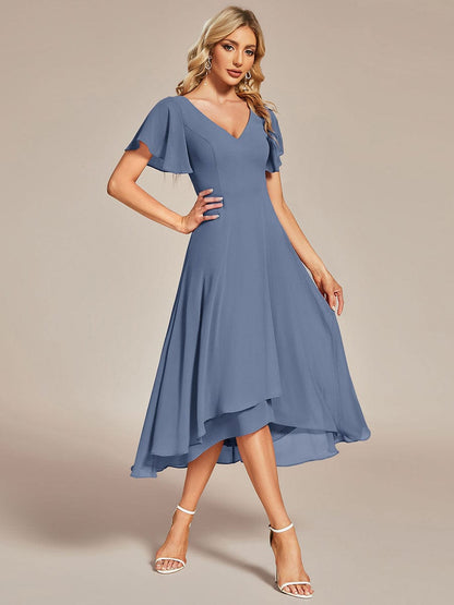 Flowing Chiffon V-Neck Ruffle Sleeves Bridesmaid Dress  #color_Dusty Navy