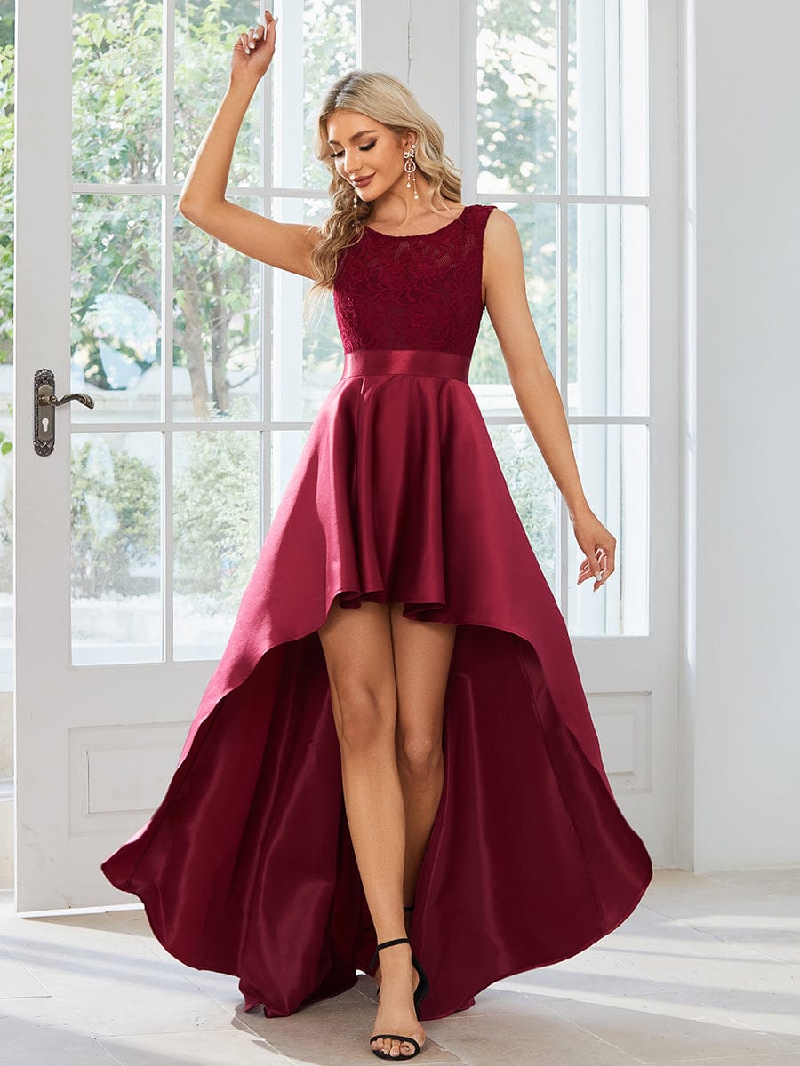 Elegant Sleeveless High-low Lace Top Wedding Guest Dress #color_Burgundy