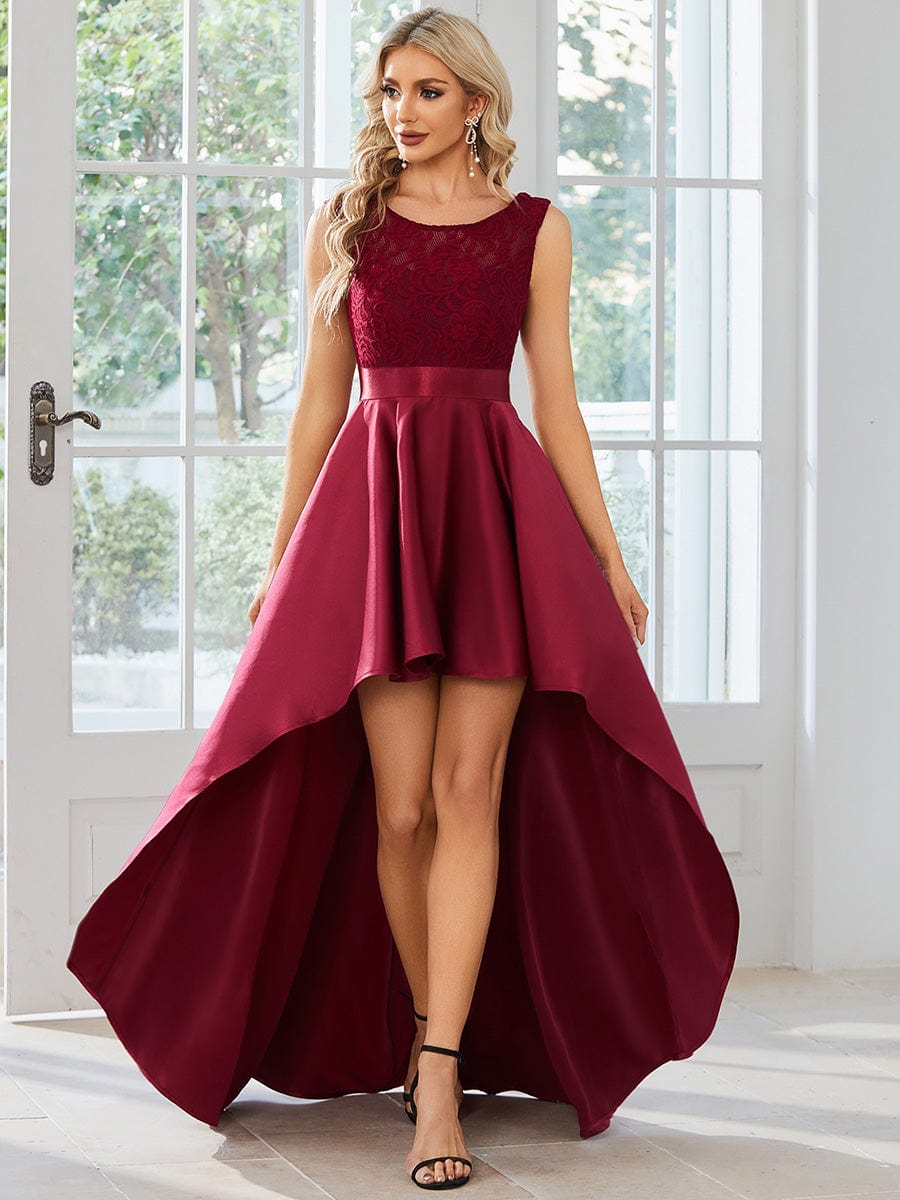 Elegant Sleeveless High-low Lace Top Wedding Guest Dress #color_Burgundy