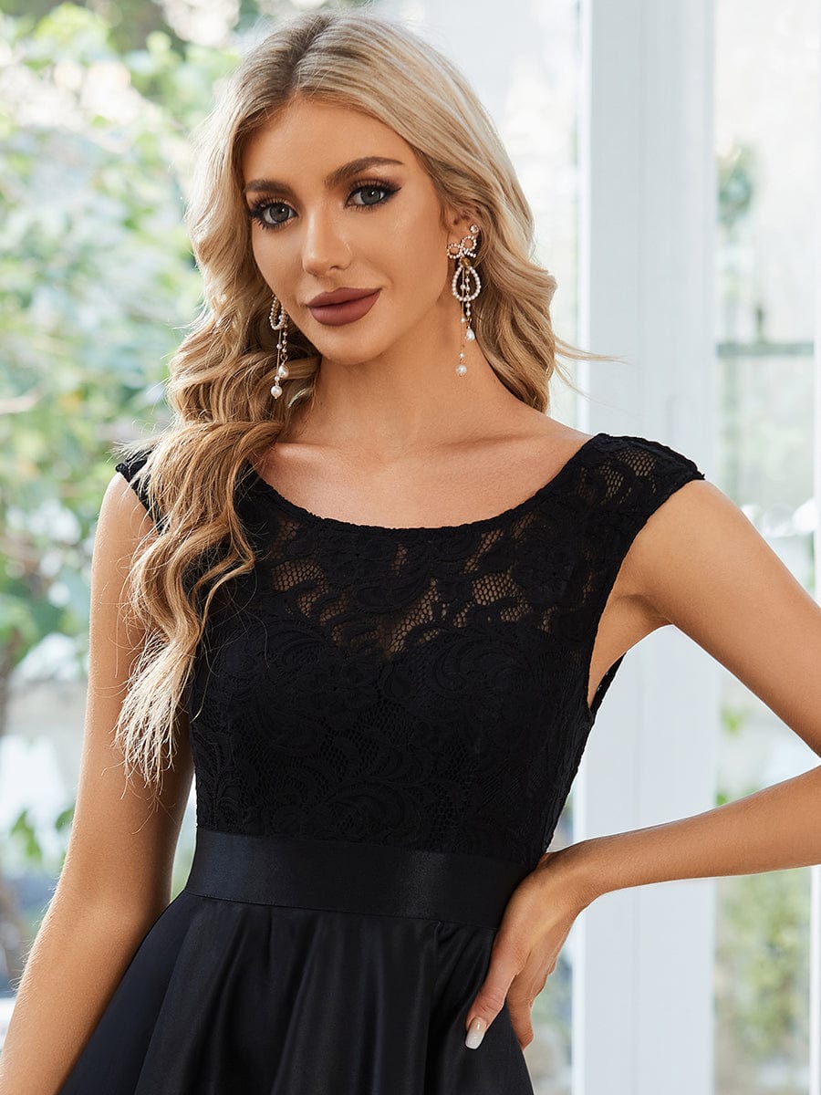 Elegant Sleeveless High-low Lace Top Wedding Guest Dress #color_Black